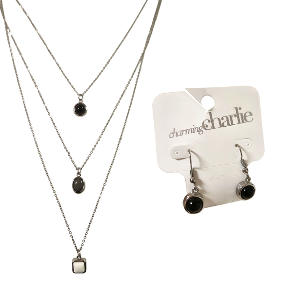 Charming Charlie 3-Tier Hanging Stone Necklace & Earrings Set NEW NWT - Picture 1 of 5